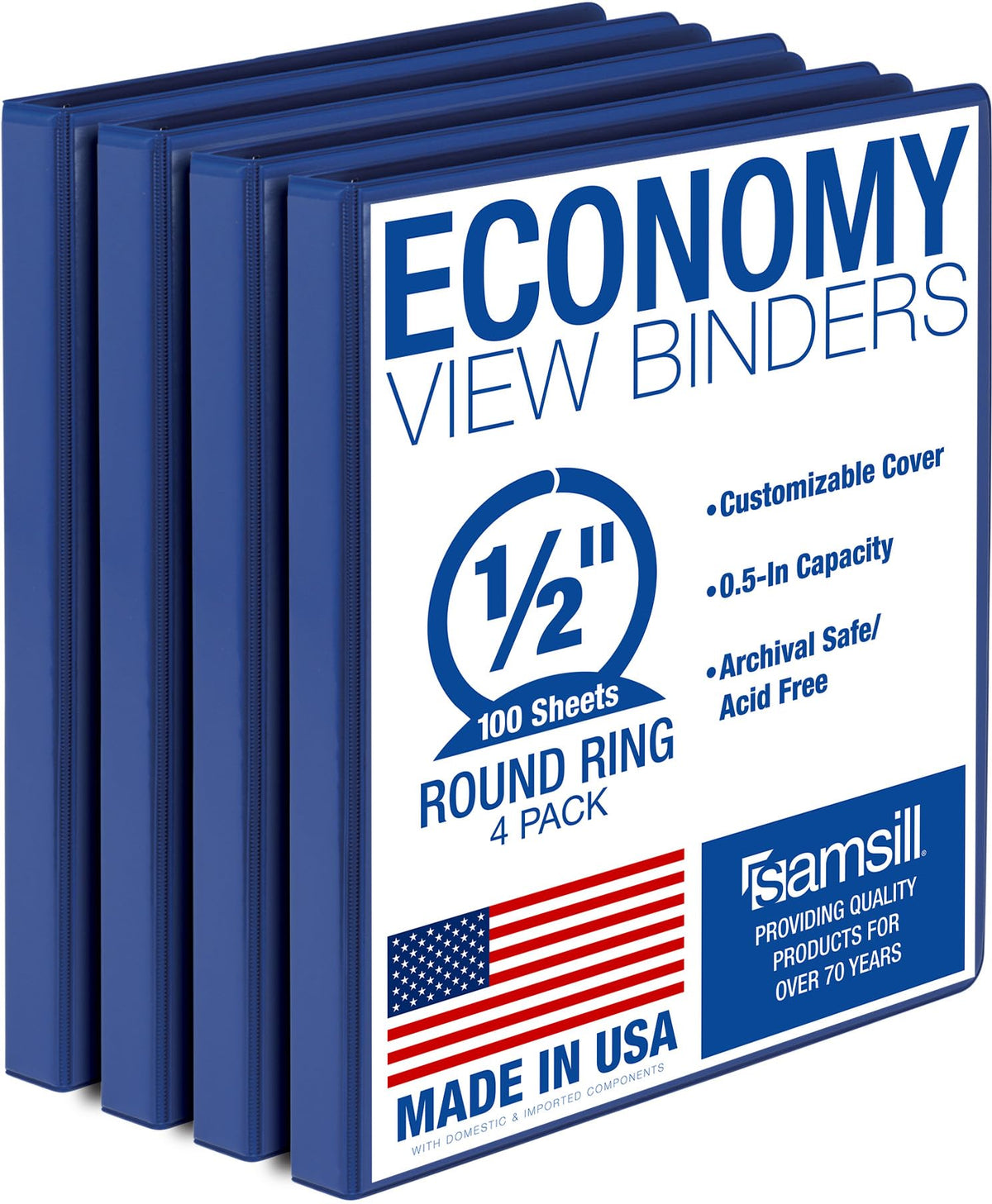 Samsill 1 Inch 3 Ring Binders, Economy Round Ring, Clear View Cover, 200 Sheet Capacity - for School, Home, Office - Blue, 4 Pack
