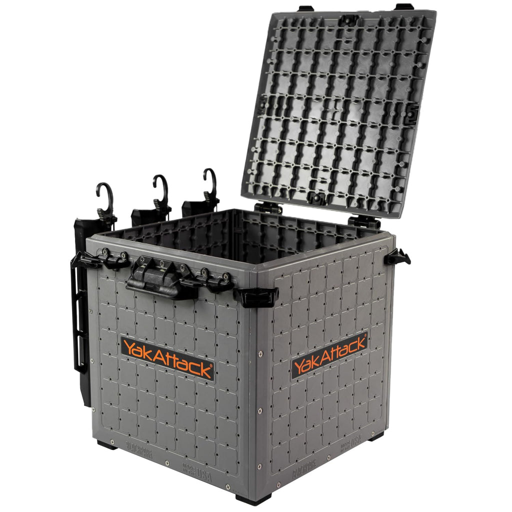 YakAttack BlackPak Pro 13" x 13" Fishing Crate with 3 Rod Holders - Battleship Grey | Compact Tackle Storage Box & Gear Organizer for Kayaks | Lightweight, Durable & Customizable Marine Accessory
