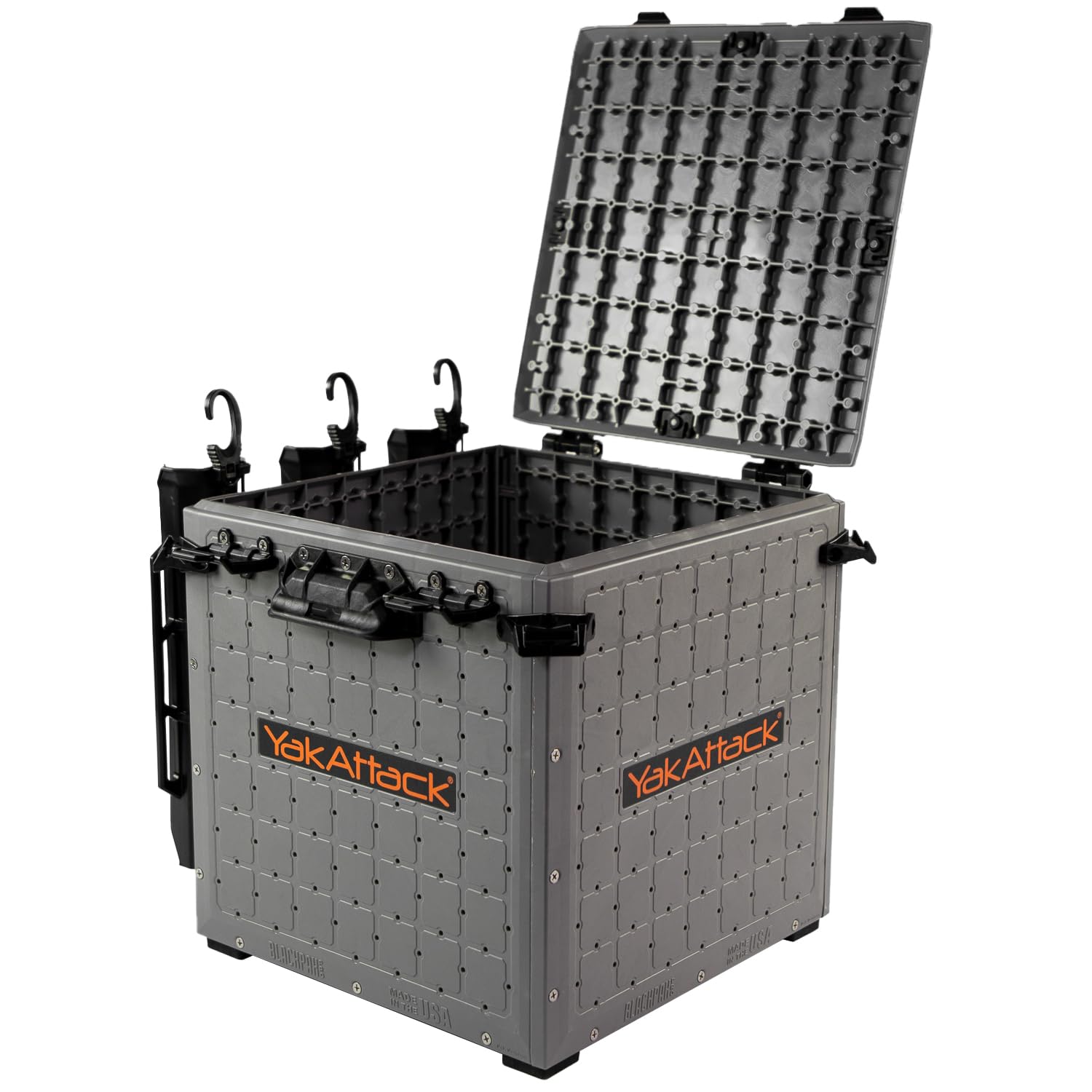 YakAttack BlackPak Pro 13" x 13" Fishing Crate with 3 Rod Holders - Battleship Grey | Compact Tackle Storage Box & Gear Organizer for Kayaks | Lightweight, Durable & Customizable Marine Accessory