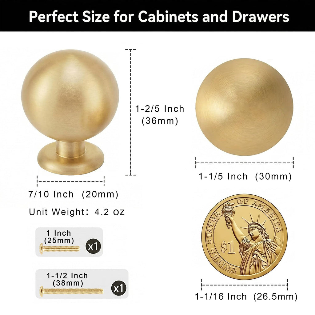 QOGRISUN 10-Pack Small Solid Brass Cabinet Knobs, Round Ball Gold Knobs for Dresser Drawer, 0.9-Inch Diameter, Mini Sphere Cabinet Pulls, Brushed Brass Finish