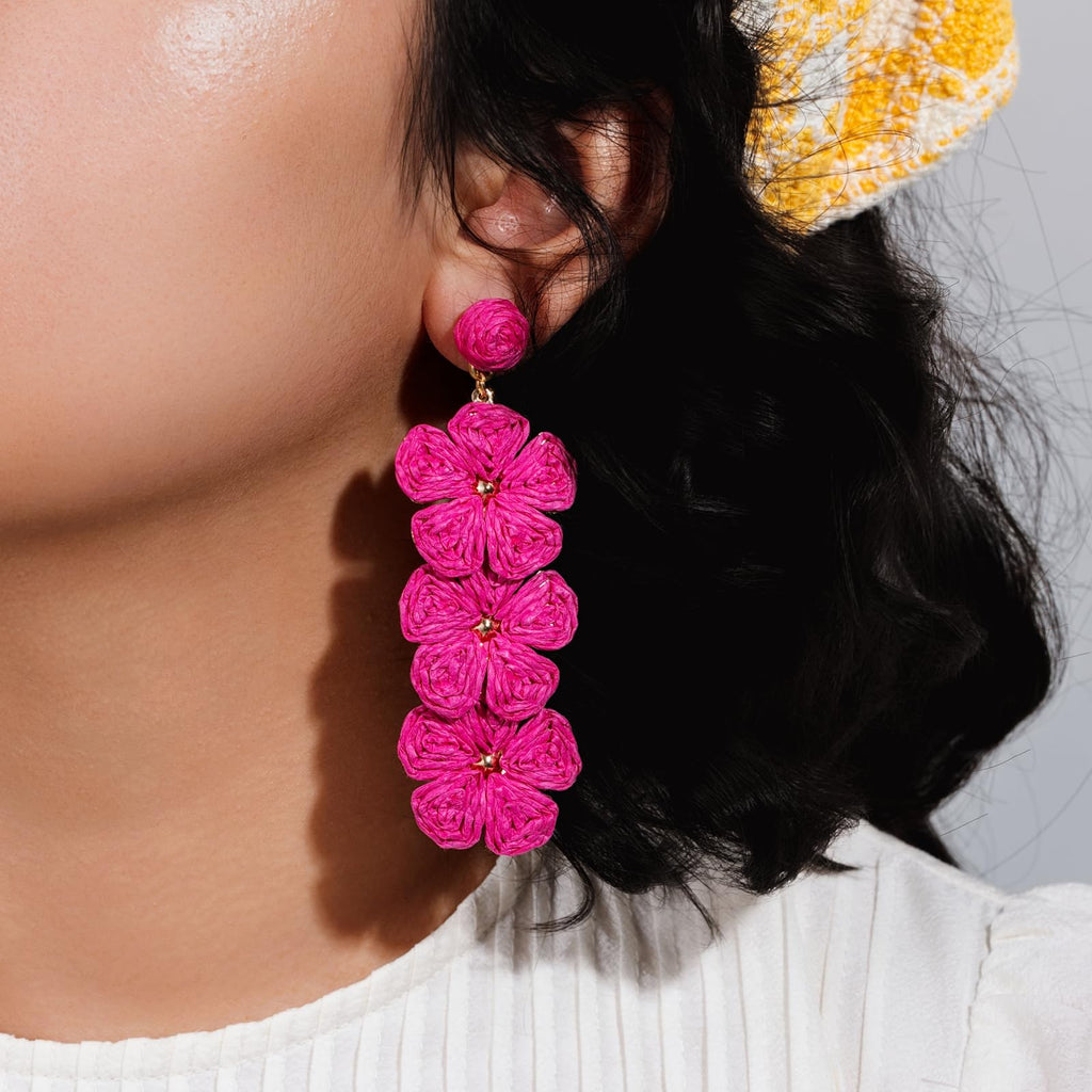 Boho Flower Earrings Statement Raffia Dangle Earrings Cute Floral Jewelry Trendy Summer Beach Vacation Outfits for Women