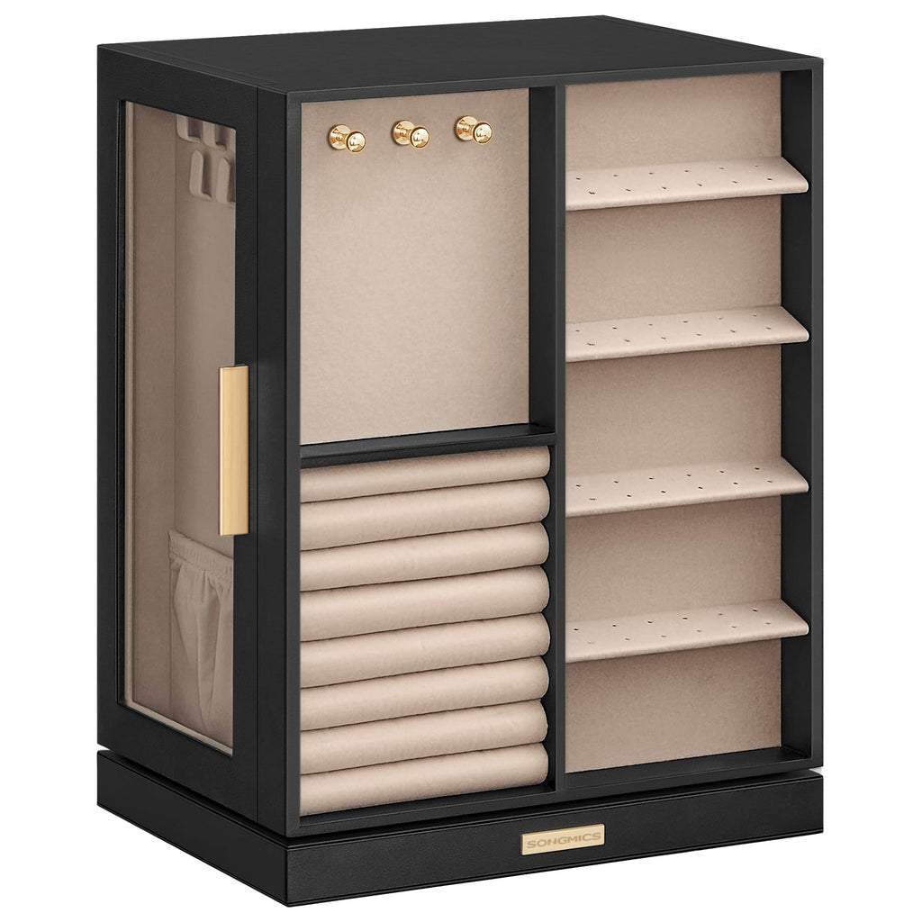 SONGMICS GISELLA Collection - Jewelry Box Organizer 360° Rotating, Vertical Jewelry Storage Case with 5 Drawers, Glass Window, Spacious, Open Design, Great Gift, Cloud White UJBC170W01