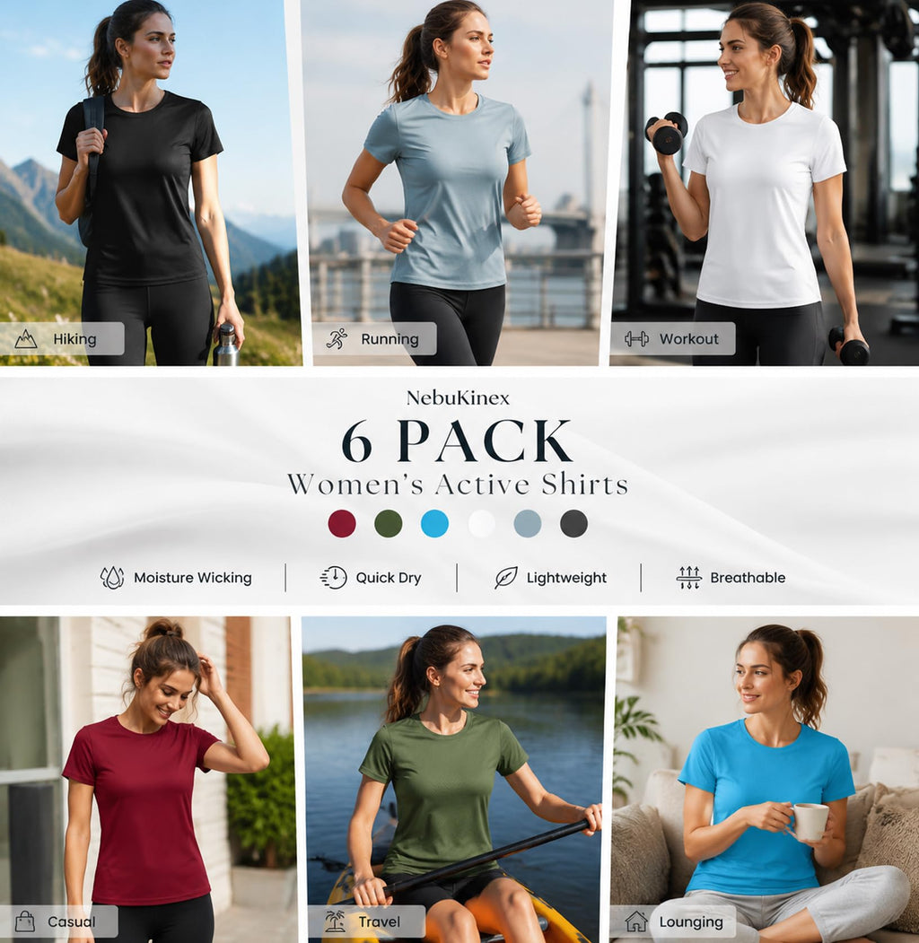 6 Pack Workout Tops for Women Short Sleeve UPF Sun Protection Athletic T Shirts Quick Dry Tennis Yoga Running Crew Neck Tee