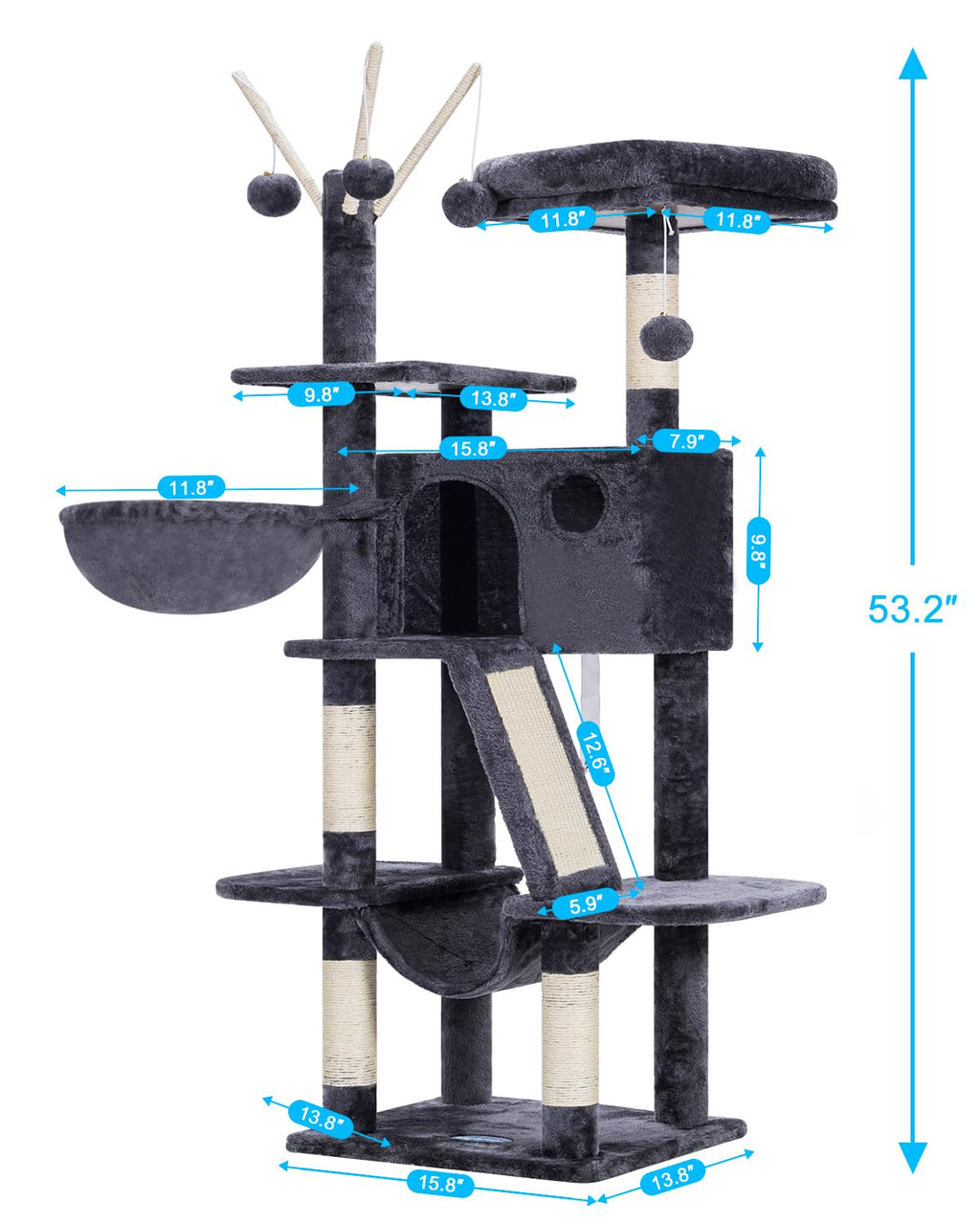 Hey-brother Cat Tree, 53 inch Cat Tower for Indoor Cats, Cat House with Padded Platform Bed, Toy Balls, Large Cozy Condo, Hammocks and Sisal Scratching Posts, Beige MPJ019-SM
