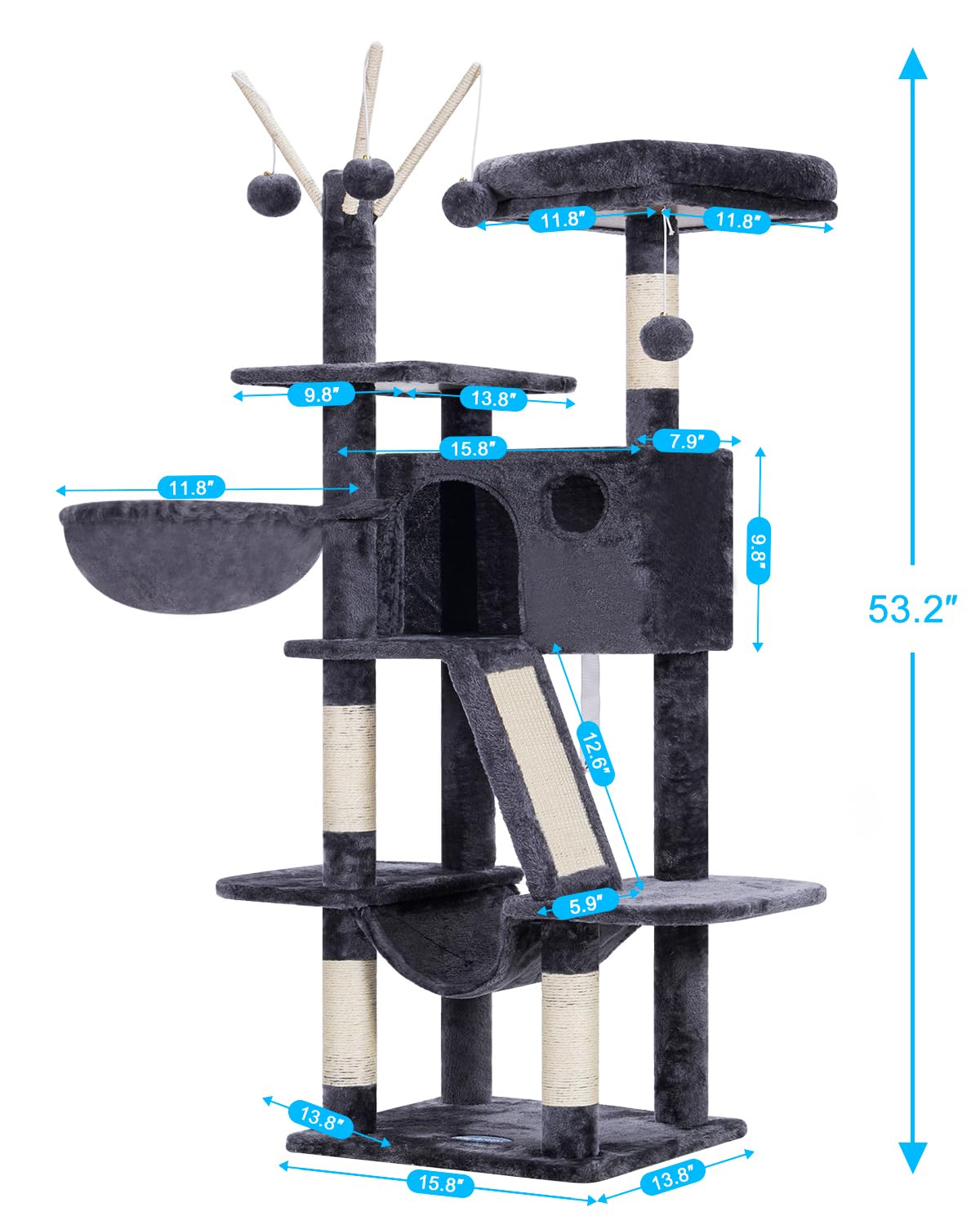 Hey-brother Cat Tree, 53 inch Cat Tower for Indoor Cats, Cat House with Padded Platform Bed, Toy Balls, Large Cozy Condo, Hammocks and Sisal Scratching Posts, Beige MPJ019-SM