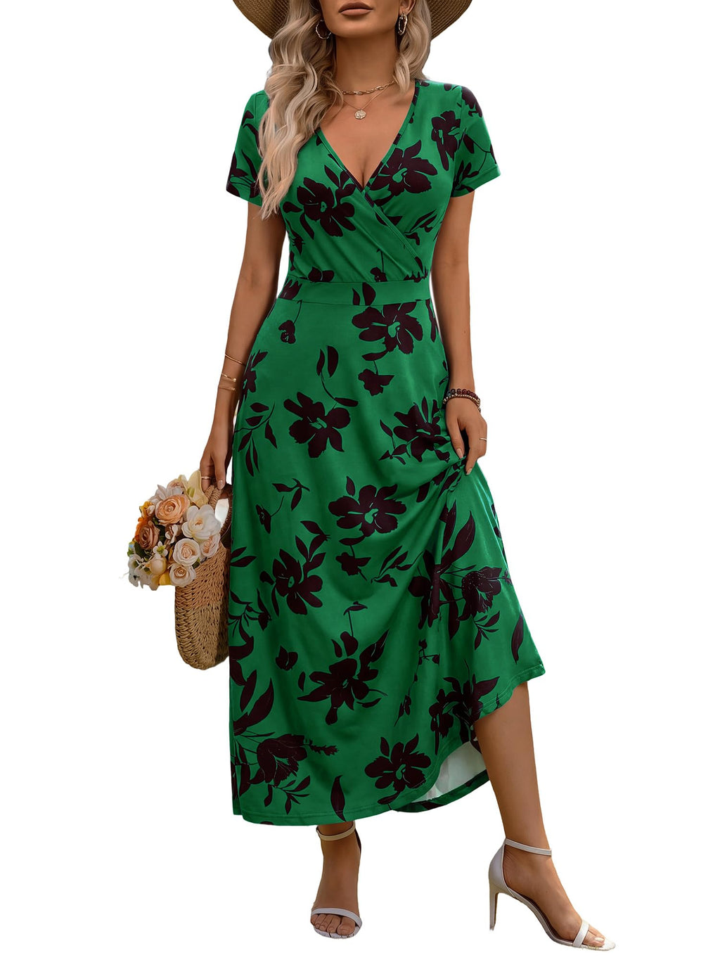 HUHOT Women's Short Sleeve Wrap V Neck Dresses for Wedding Guest Summer Floral Maxi Sundresses with Pockets Boho Dress