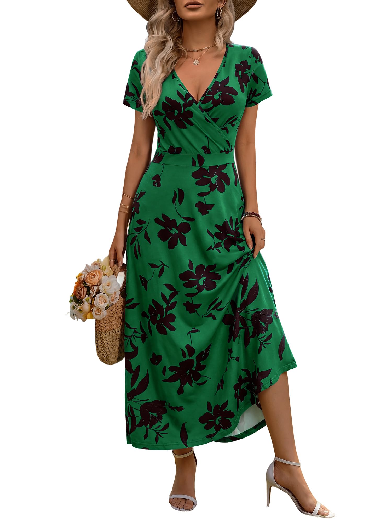 HUHOT Women's Short Sleeve Wrap V Neck Dresses for Wedding Guest Summer Floral Maxi Sundresses with Pockets Boho Dress