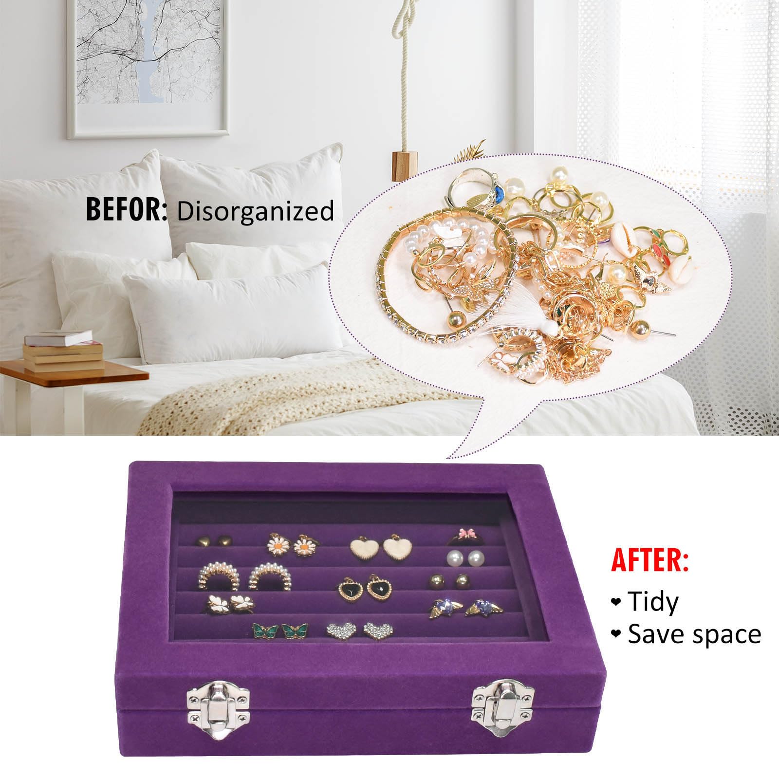 Vicoter Rings Organizer Tray 7 Slots Velvet Jewelry Earring Storage Box with Transparent lid Jewelry Display Case for Girls Wife Mom Women (Beige)