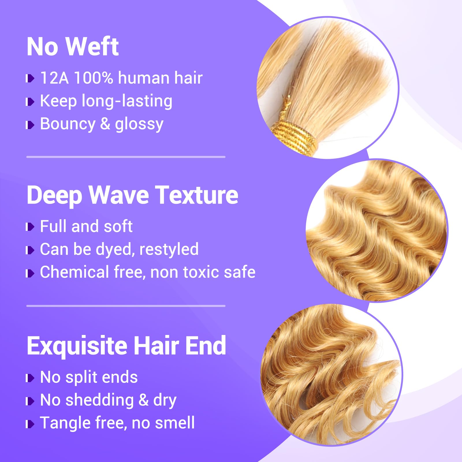 Human Braiding Hair for Boho Braids 110g Deep Wave Boho Bulk Human Hair for Braiding Knotless 12A Wet and Wavy Bohemian 3 No Weft Bundles/Pack Curly Braids Honey Blonde 16 Inch