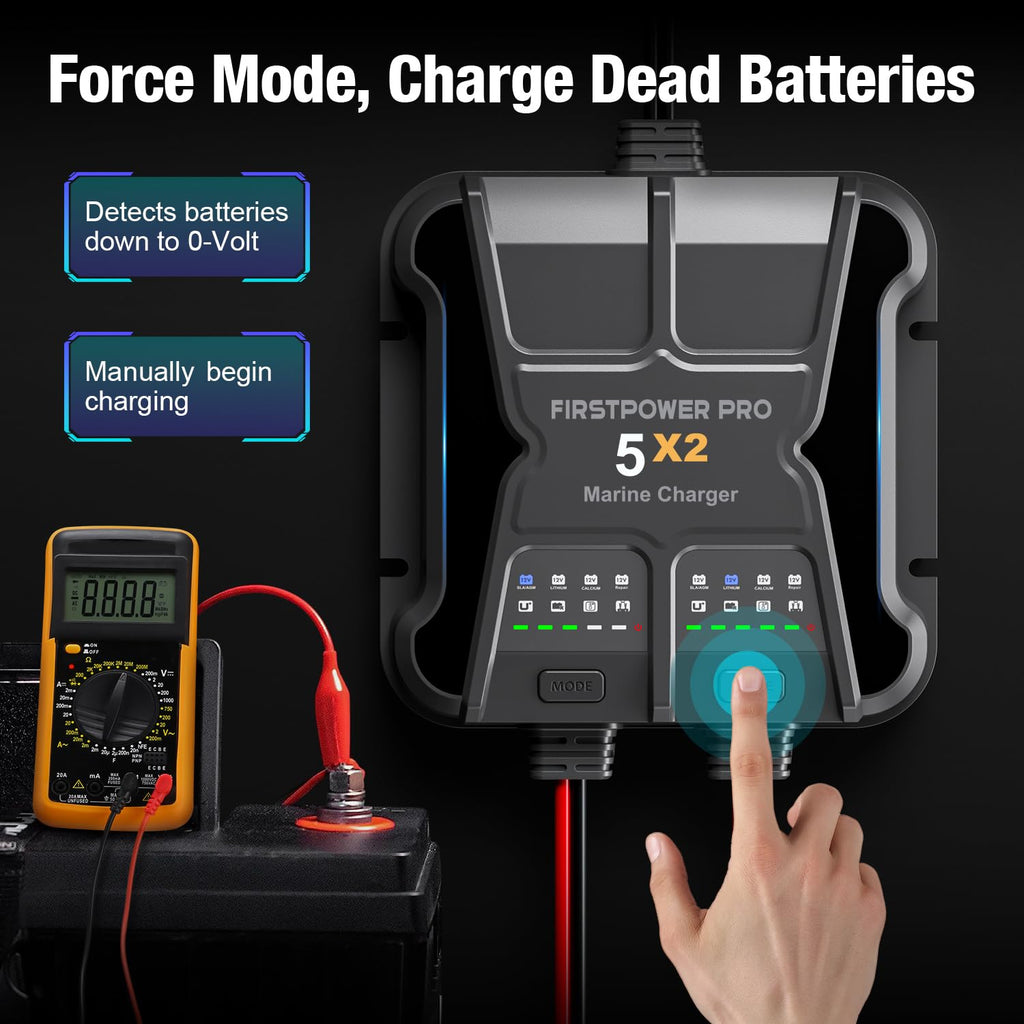 Marine Battery Charger 5X1: 1-Bank, 5A Onboard Battery Charger - 5A Per Bank, 12V Waterproof Boat Batter Charger for SLA/AGM, Lithium, Calcium - Charged 24/7