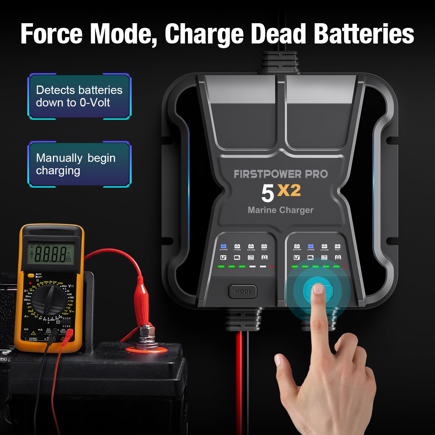 Marine Battery Charger 5X1: 1-Bank, 5A Onboard Battery Charger - 5A Per Bank, 12V Waterproof Boat Batter Charger for SLA/AGM, Lithium, Calcium - Charged 24/7