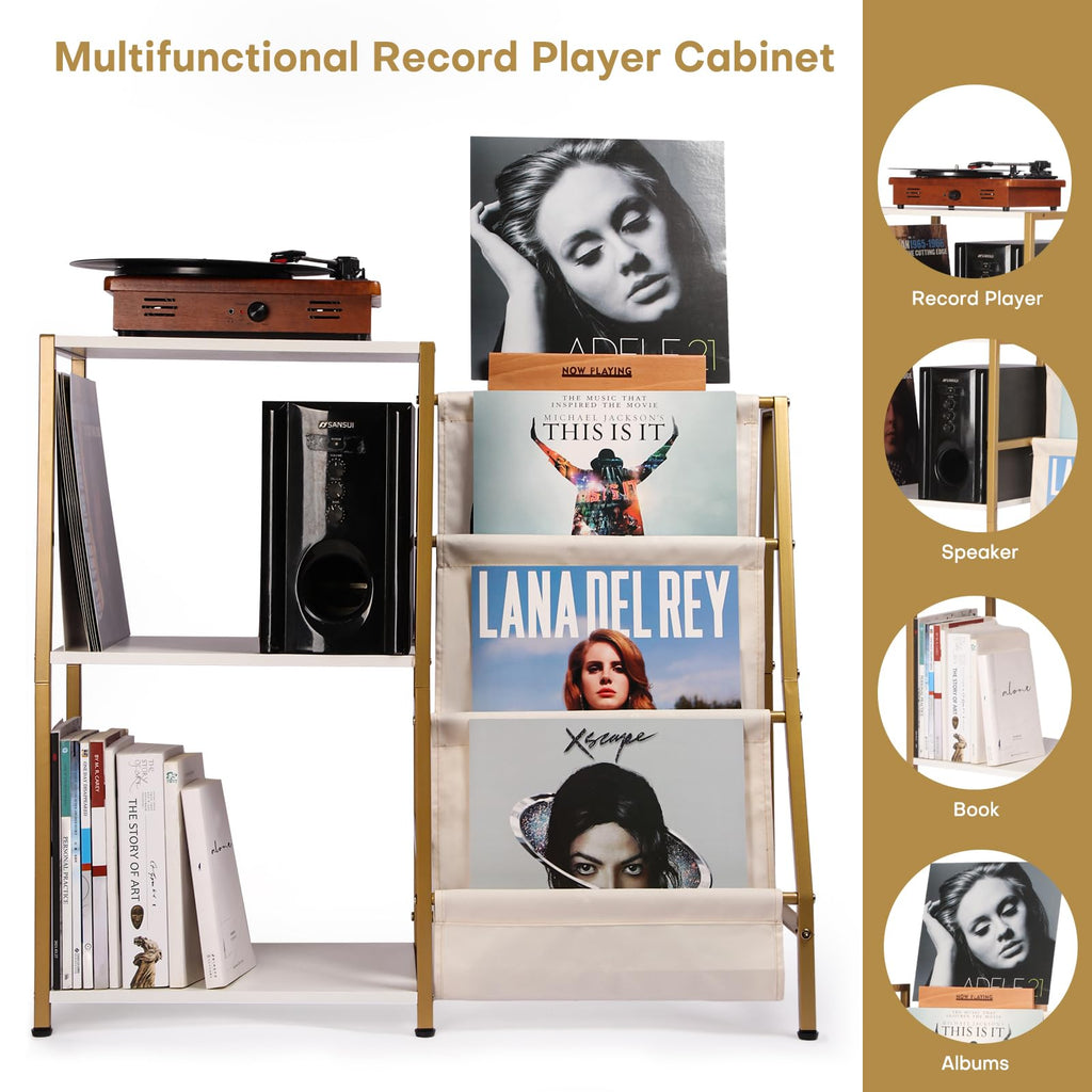 HYCFYJR Record Player Stand, 3-Tier Vinyl Record Storage, Turntable Stand with Now Playing Holder, Vinyl Display for Living Room, Grey & White