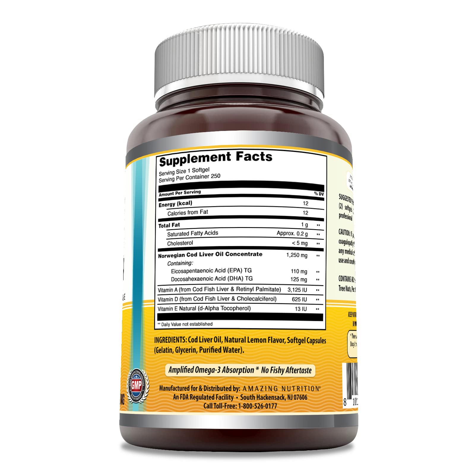 Amazing Omega Norwegian Cod Liver Oil 1250 Mg Softgels Supplement | Omega-3, EPA, DHA, Vitamin A, Vitamin D & Vitamin E (Lemon | 60 Count)