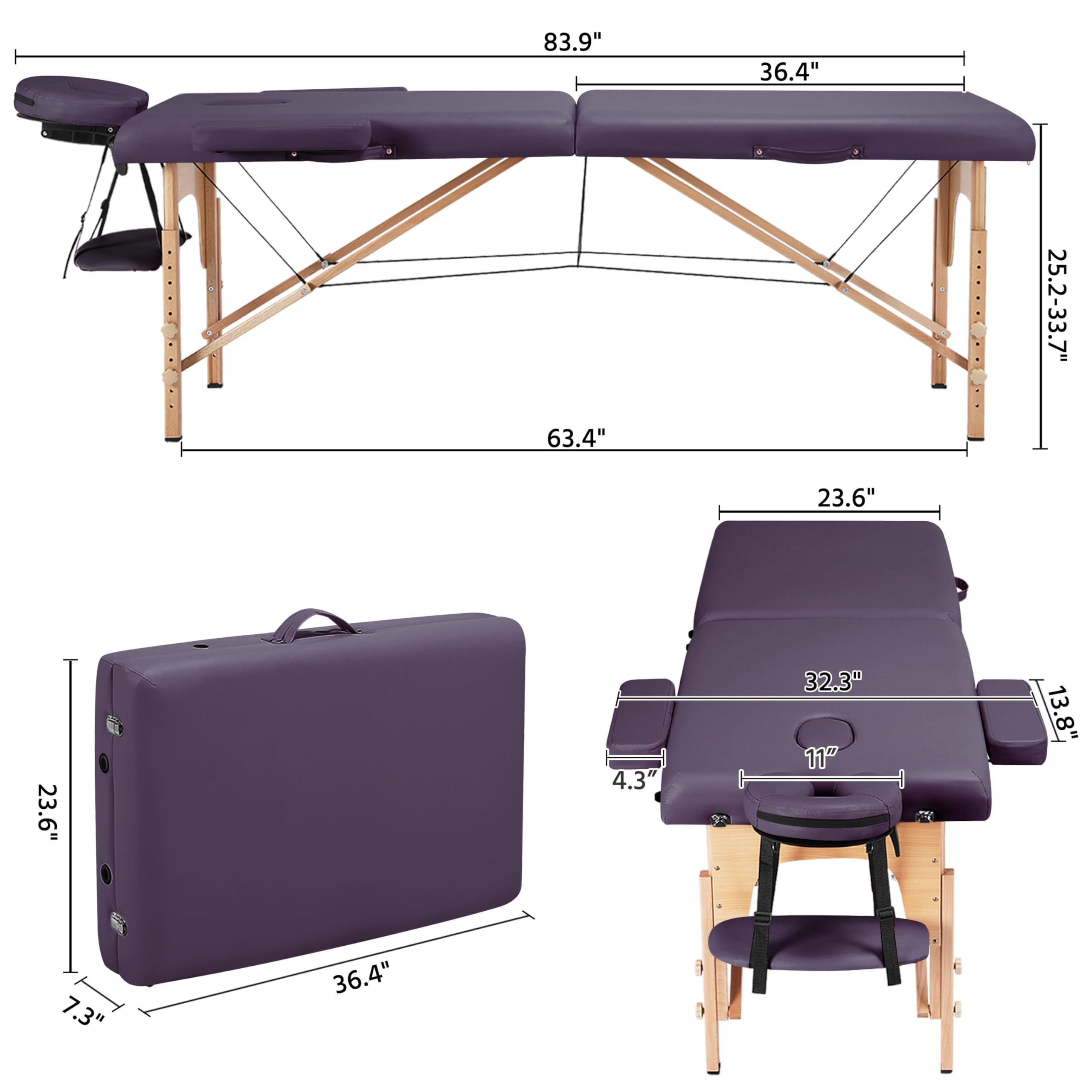 Yaheetech Massage Table Portable Lash Beds Spa Bed Massage Couch Foldable Spa Tables Adjustable 2 Fold with Non-Woven Bag 24 inch, Black