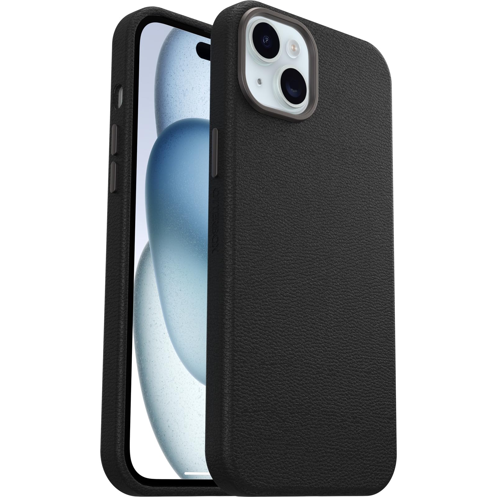 OtterBox iPhone 15 Symmetry Series Cactus Leather for MagSafe - Noir ASH (Black), Slim, Premium, Protective iPhone Case