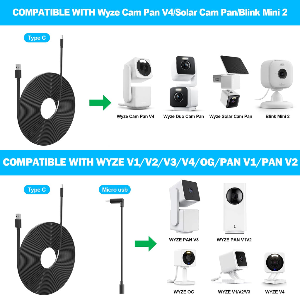 2 Pack 10FT Power Extension Cable Compatible with Wyze Cam v4/v3/OG,Wyze Cam Pan v3/v4,Blink,eufy,NestCam Indoor,Amazon Cloud Camera,USB A to USB C (Black)