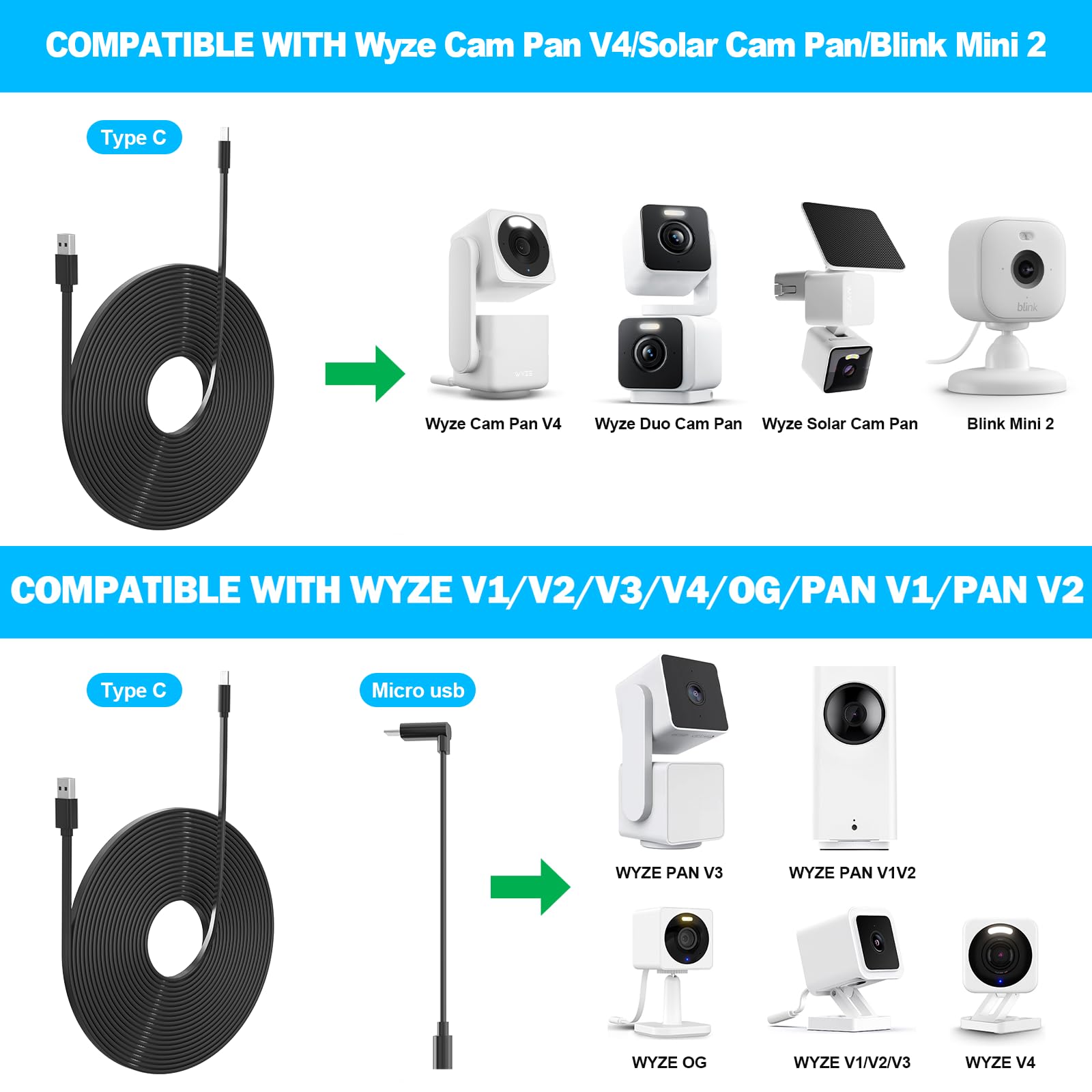 2 Pack 10FT Power Extension Cable Compatible with Wyze Cam v4/v3/OG,Wyze Cam Pan v3/v4,Blink,eufy,NestCam Indoor,Amazon Cloud Camera,USB A to USB C (Black)