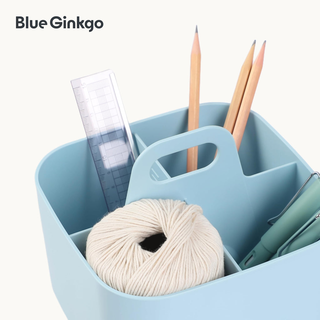BLUE GINKGO Stackable Organizer Caddy – Korean-Made Portable Tote for Bathroom, Office, Crafts, or School Supplies (Long Rectangle, Blue)
