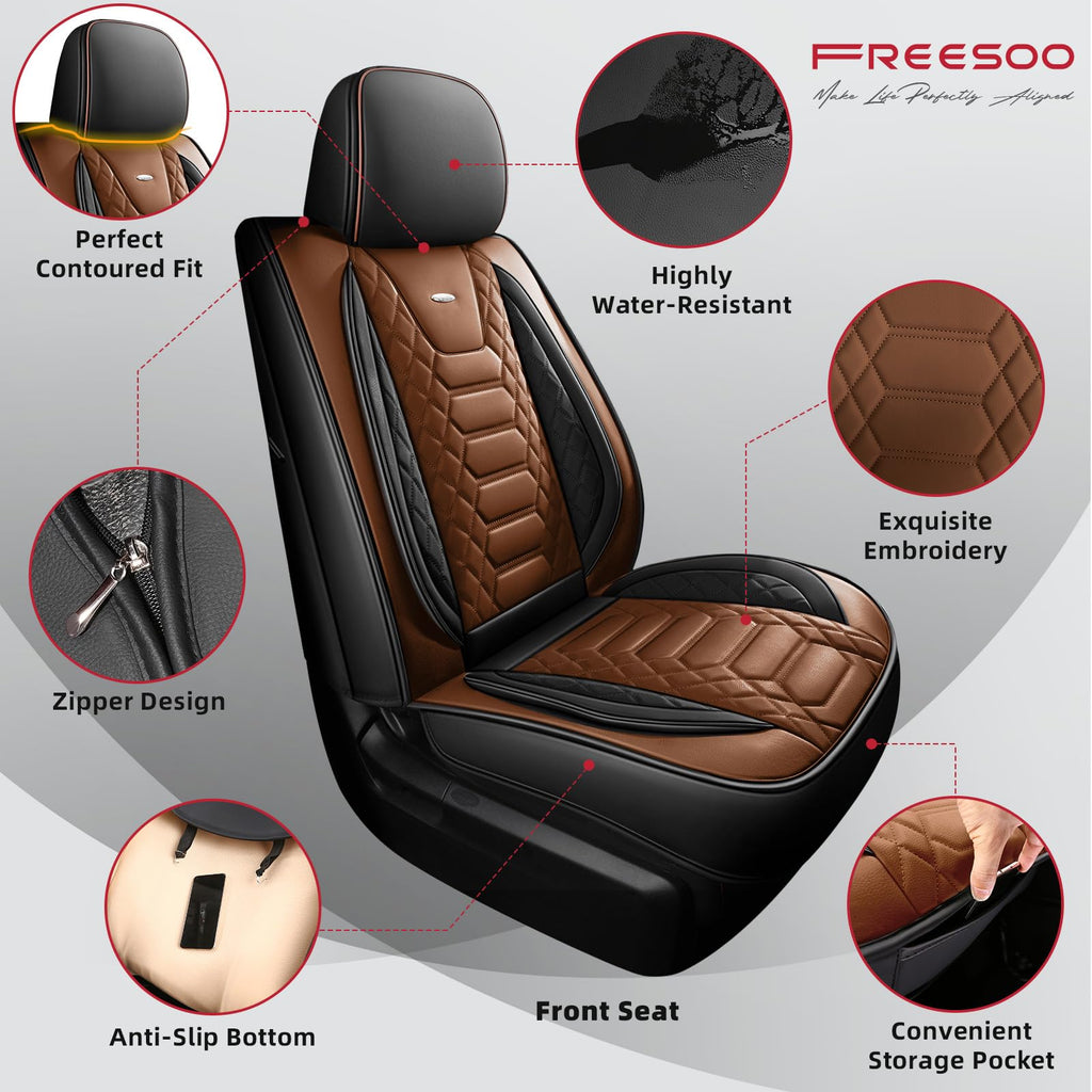 FREESOO Tundra Seat Covers 2007-2013, Fit for Toyota Tundra Crewmax Cab 5 Seats, Custom Truck Seat Covers with Waterproof Faux Leather Black