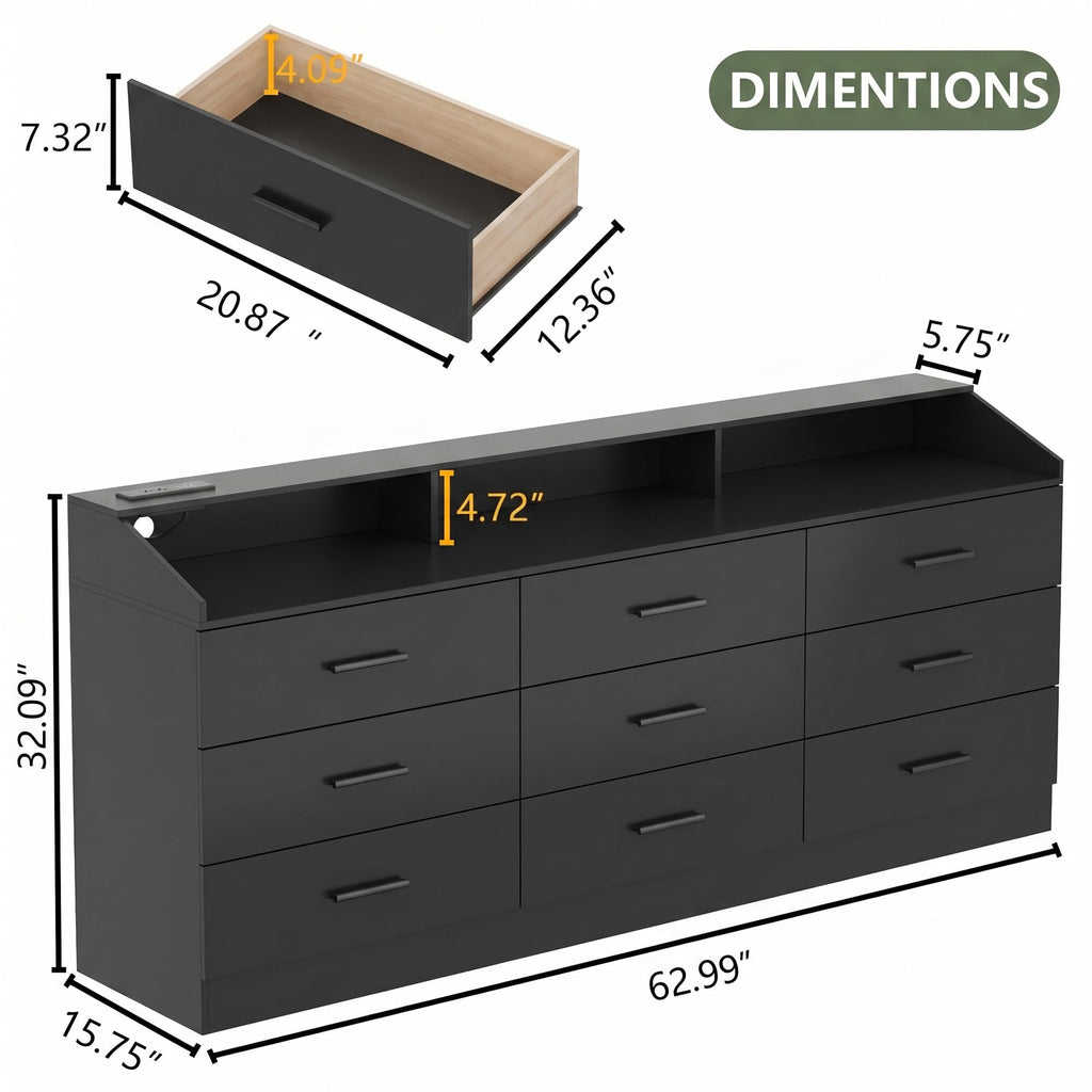 Gyfimoie 9 Drawers Dresser for Bedroom with Power Outlet, Chest of Drawers with LED Light, Modern Dressers with Open Storage Cubby, Triple Wide Dressers Organizer for Living Room (Black-)