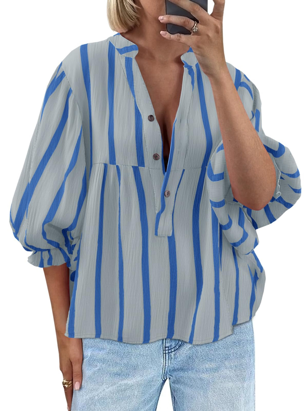 Tankaneo Womens Puff Sleeve Babydoll Tops Summer V Neck Striped Blouse Cute Casual Loose Fit Flowy Shirts