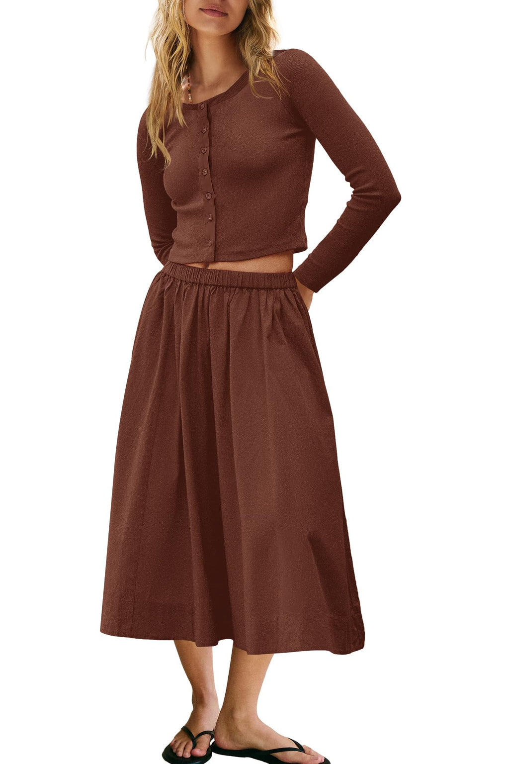 Panadila Womens 2 Piece Lounge Sets Matching Vacation Outfits Ribbed Button Down Cardigan and Elastic Waist Skirt Sets