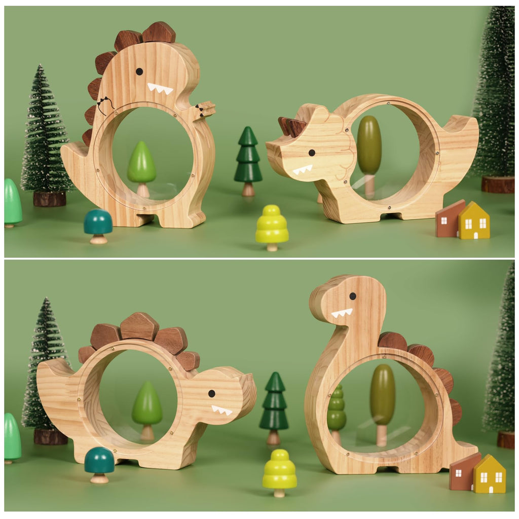 Summidate Wooden Dinosaur Piggy Bank for Kids Boys, Cute Wood Dino Money Bank for Toddlers, Creative Saving Coin Jar, Personalized Present for Child Birthday & Decor (Brachiosaurus, Custom)