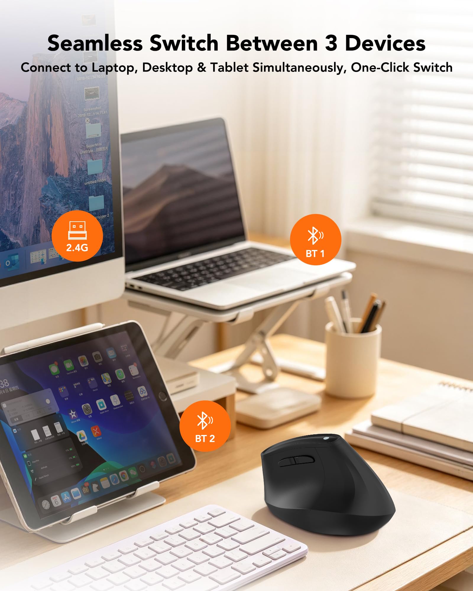 KYSONA Ergonomic Mouse Wireless, Bluetooth Vertical Mouse, 5-Level Adjustable DPI, 2.4G Silent Switch Mice for Windows, MacOS, IPadOS, Laptop, PC, Black