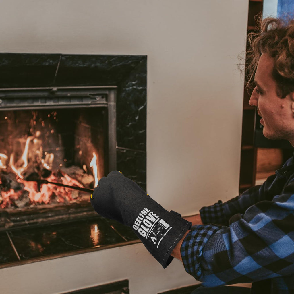 QeeLink Welding Gloves - Heat Resistant Leather and Fireproof Stitching for Fireplace Fire Pit Wood Stove BBQ Gardening Gear