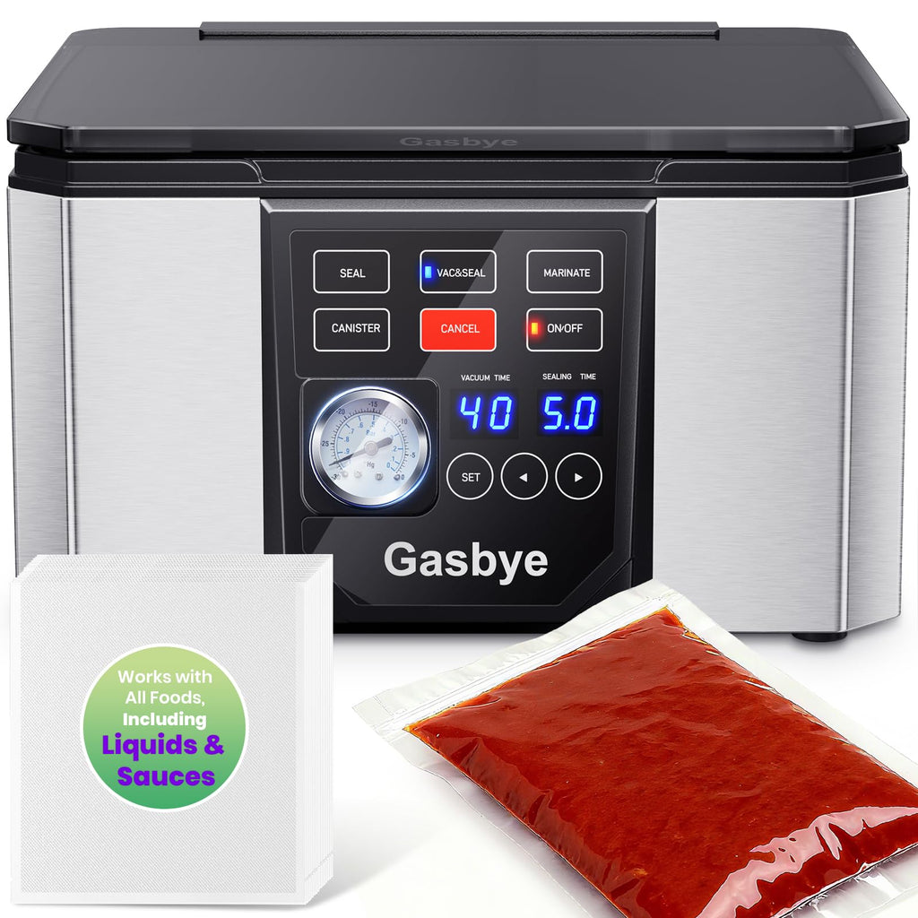 Gasbye 95kPa Precision Vacuum Sealer Machine, Double Heat Seal for Dry/Moist Food, Easy-Lock Handle, Built-in Bag Storage & Cutter, Progress Display, Pulse Mode, Removable Drip Tray, Silver