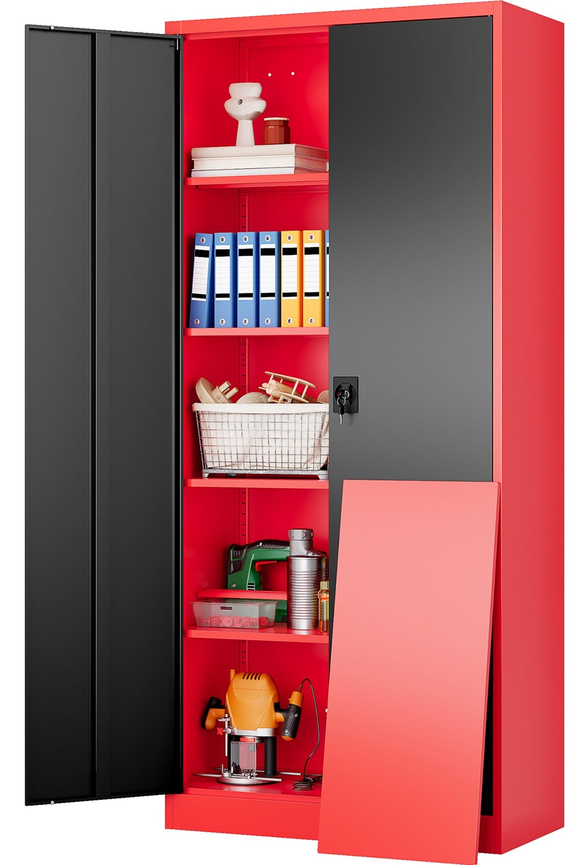 SISESOL Wide & Deep Metal Storage Cabinet with Wheels,Tall Rolling Garage Storage Cabinet with Lock,Black Metal Cabinets with Pegboards and Shelves,Tool Locker for Garage,Home,Office,43''Wx 20''Dx71"H