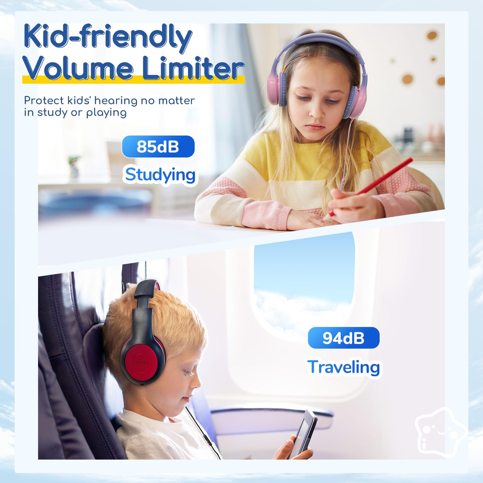 EarFun K1 Kids Headphones Wired with Microphone, 85/94dB Volume Limit Headphones for Kids, Portable Wired Headphone with Shareport, Stereo Sound Foldable Headset for School/Tablet/iPad, Black Red
