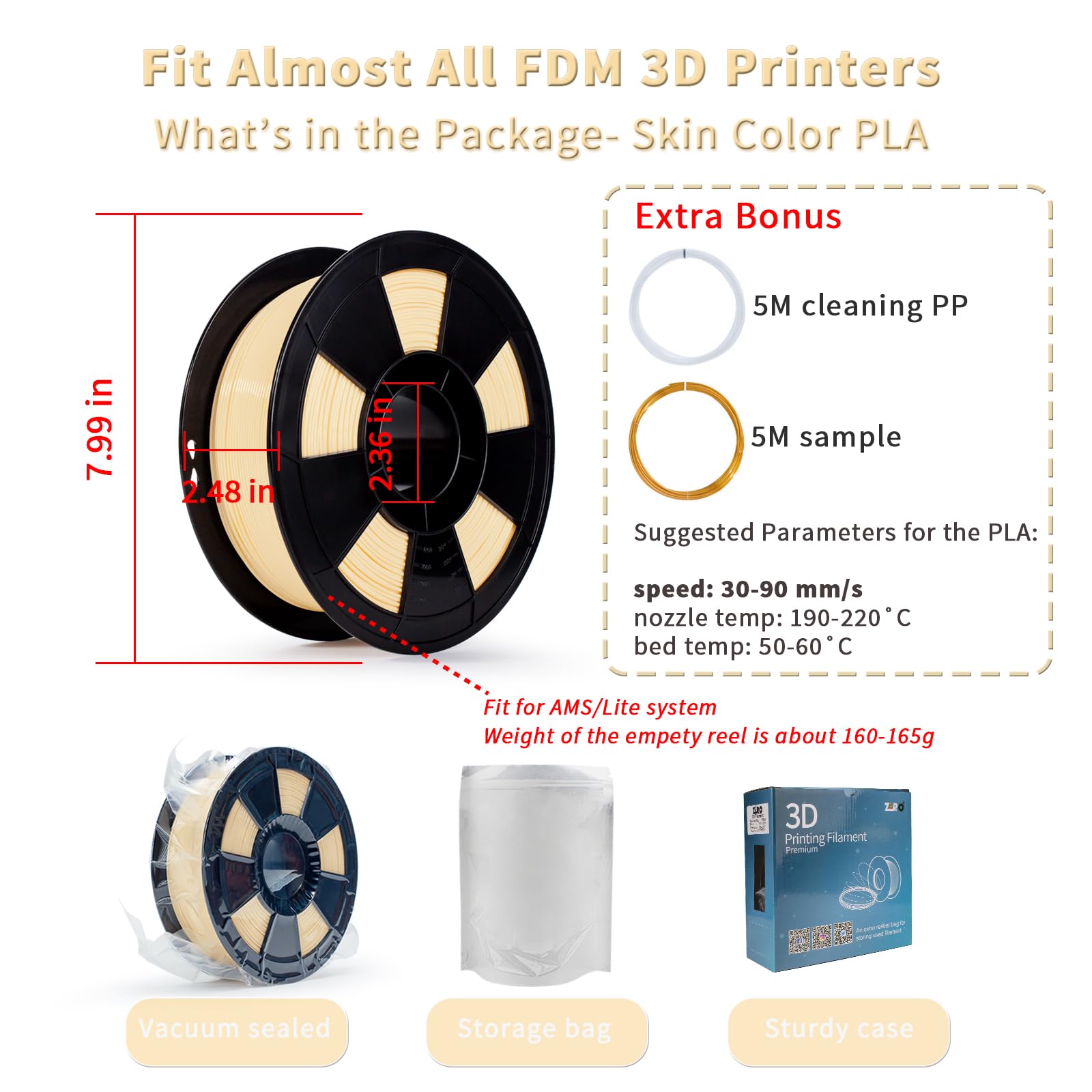 ZIRO 3D Printer Filament, PLA Filament 1.75mm, Black pla 1KG(2.2lbs), Dimensional Accuracy +/- 0.03mm, Fits Most FDM Printer AMS System,3D Printing Filament Spool Black (Plastic Reel)