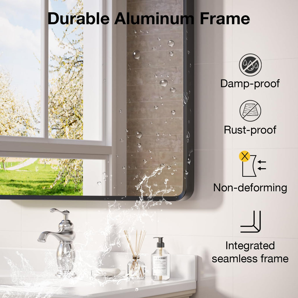 22x30 inch Gold Bathroom Mirror,Rounded Rectangle Gold Metal Framed, HD Tempered Glass, Horizontal or Vertical Hanging, Modern Bathroom Decor