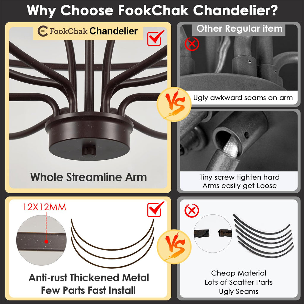 Black Chandelier 6-Light Dining Room Chandelier Kitchen Chandeliers Over Table Round Living Room Chandelier Light Fixture for Bedroom, Kitchen, Foyer