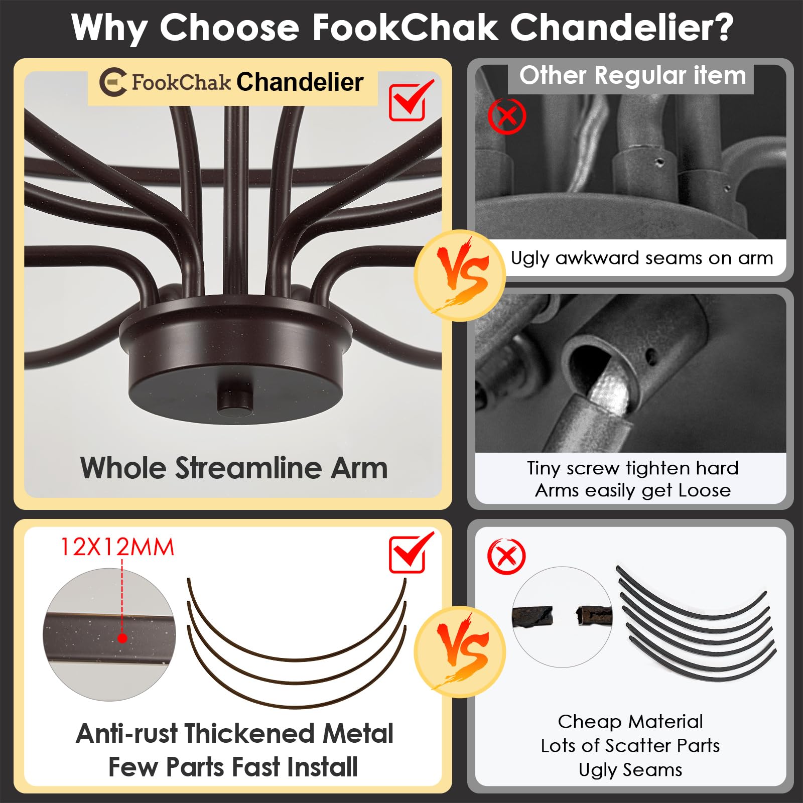 Black Chandelier 6-Light Dining Room Chandelier Kitchen Chandeliers Over Table Round Living Room Chandelier Light Fixture for Bedroom, Kitchen, Foyer