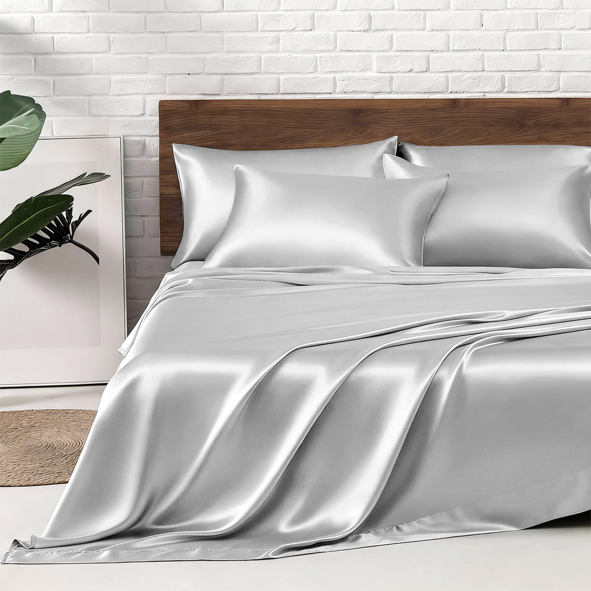 MR&HM Satin Sheets with Elastic Corner Straps, Twin Size 3-Piece Silky Bedding Set, Deep Pocket 15 Inches, Good for Hair & Skin (Twin, Black)