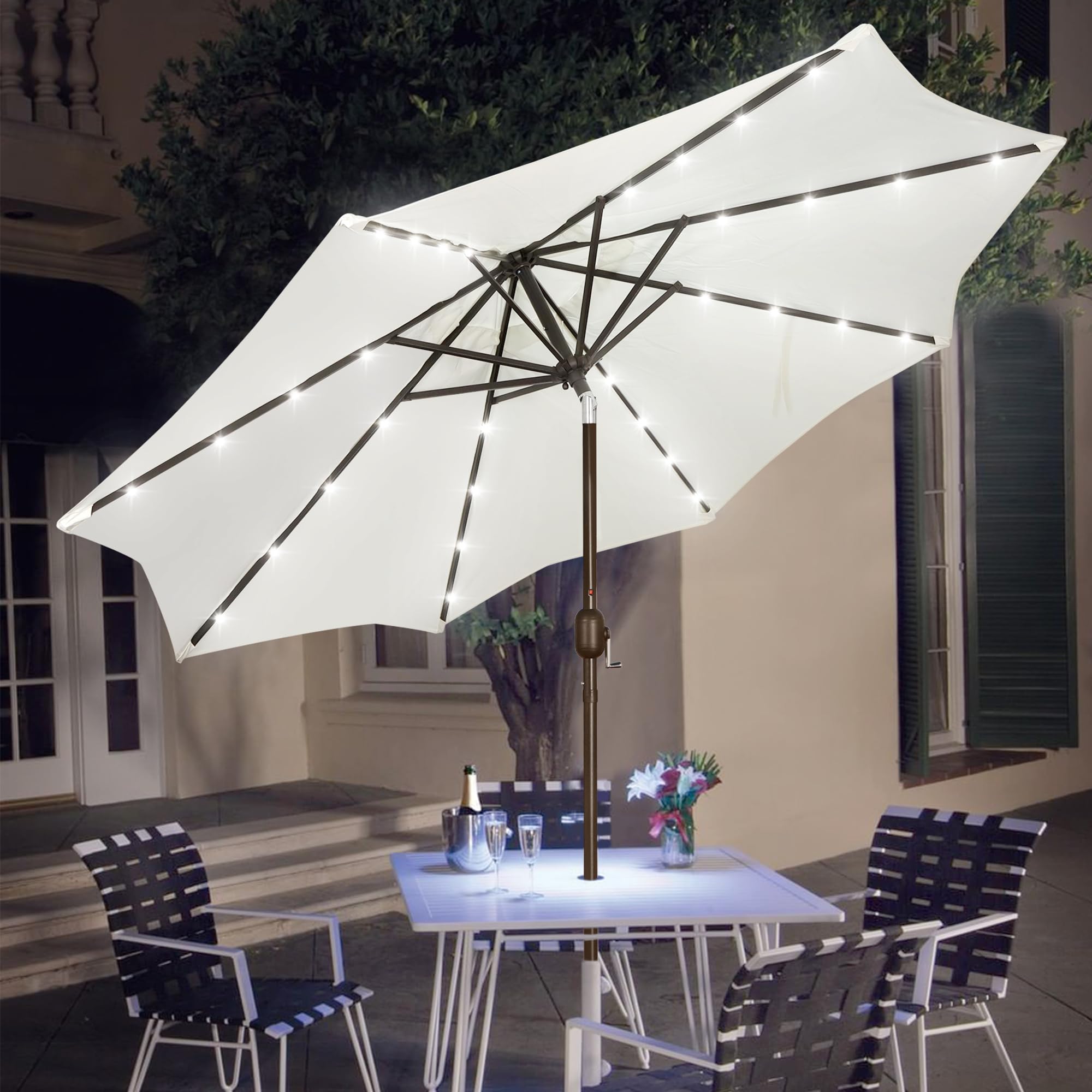 Blissun 9 ft Solar Umbrella, 32 LED Lighted Patio Umbrella, Table Market Umbrella, Outdoor Umbrella for Garden, Deck, Backyard, Pool and Beach (Light Blue)