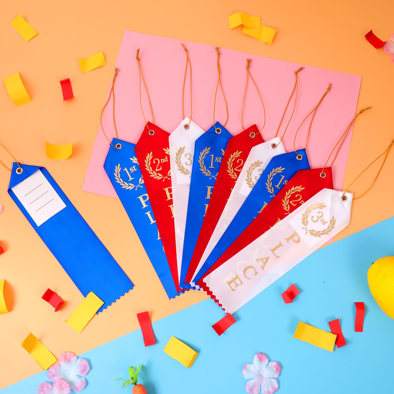36PCS Award Ribbons, Medal Ribbons for 1st, 2nd, 3rd Place, Event Card & Rope Included, Perfect for Competitions, Sports Events, School Challenges, Vibrant Blue, Red, and White