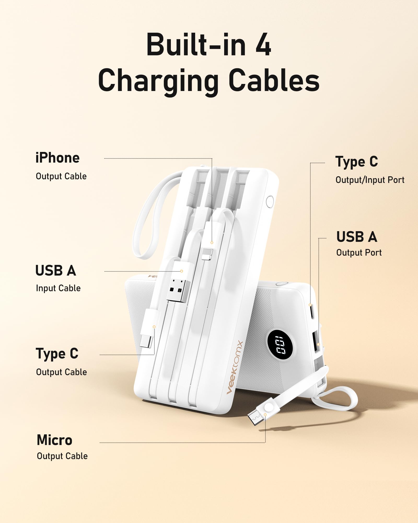 VEEKTOMX Portable Charger with 4 Built-in Cables — 10000mAh Slim Power Bank, USB-C Battery Pack with iPhone & Micro USB, TSA Approved Travel Charger for iPhone, Samsung, Android