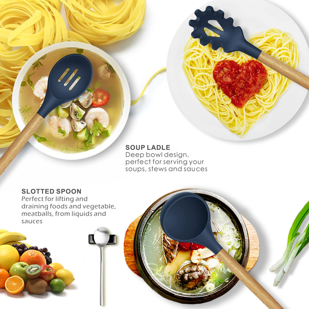 oannao Silicone Cooking Utensils Set - 446°F Heat Resistant Silicone Kitchen Utensils for Cooking,Kitchen Utensil Spatula Set w Wooden Handles, BPA FREE Gadgets for Non-Stick Cookware (Black)