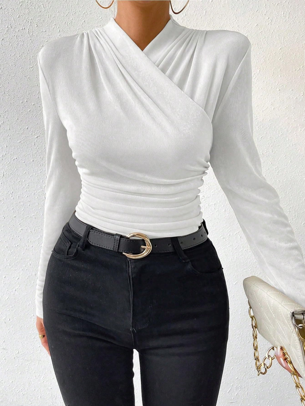 SweatyRocks Women's Ruched Mock Neck Long Sleeve T Shirt Solid Slim Fitted Tee Tops