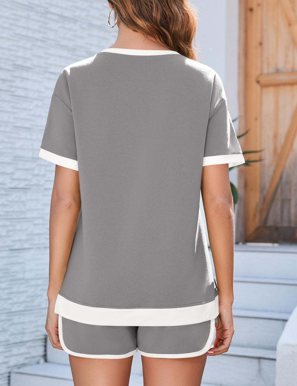AKEWEI Shorts Sets Women 2 Piece Outfits Casual Short Sleeve Crewneck Tops and Drawstring Shorts Color Block Sets
