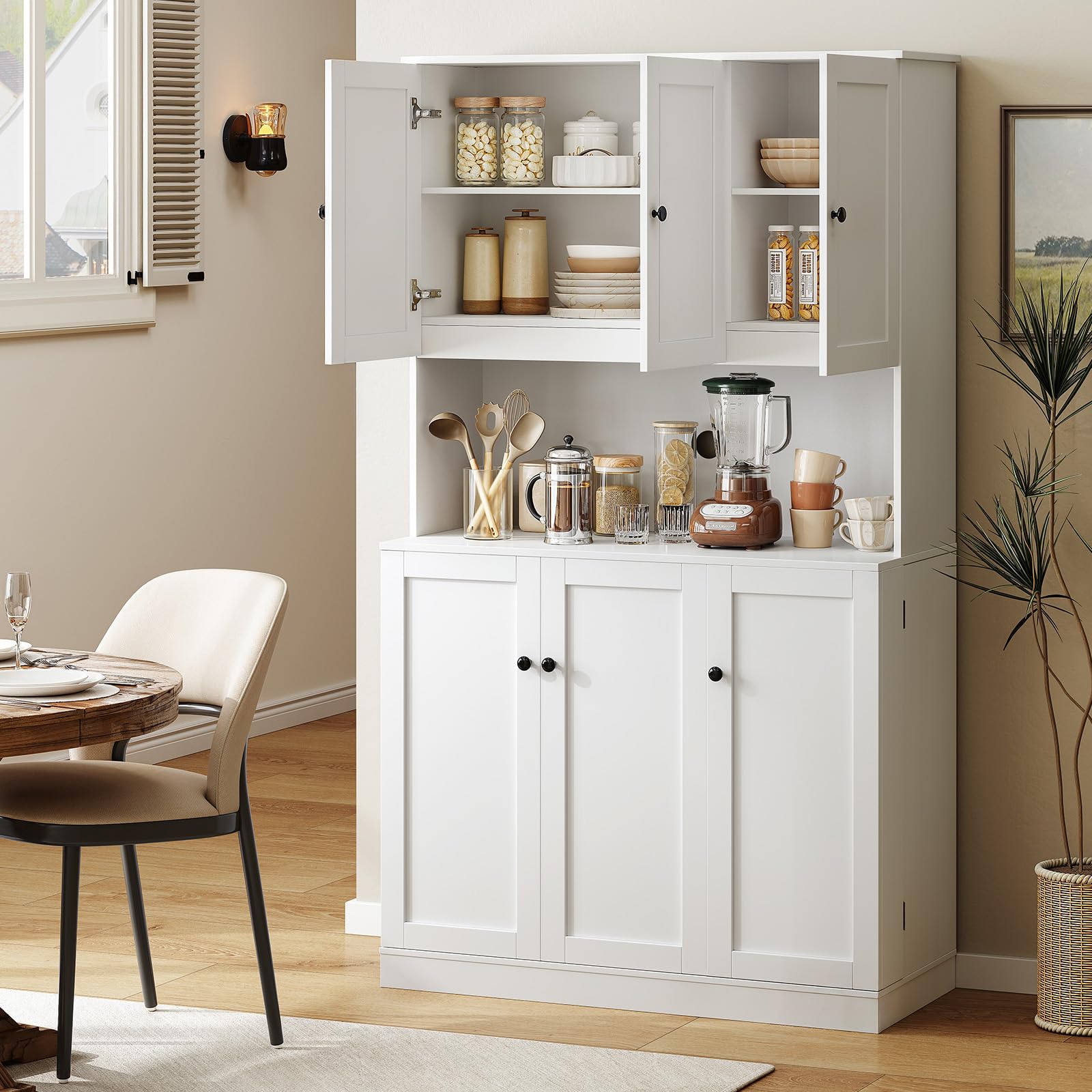 ONBRILL 71" Tall Kitchen Pantry Storage Cabinet with Microwave Stand & Door Shelf, Freestanding Kitchen Hutch with 6 Doors and Adjustable Shelves, Modern Food Pantry for Dining Room, Black