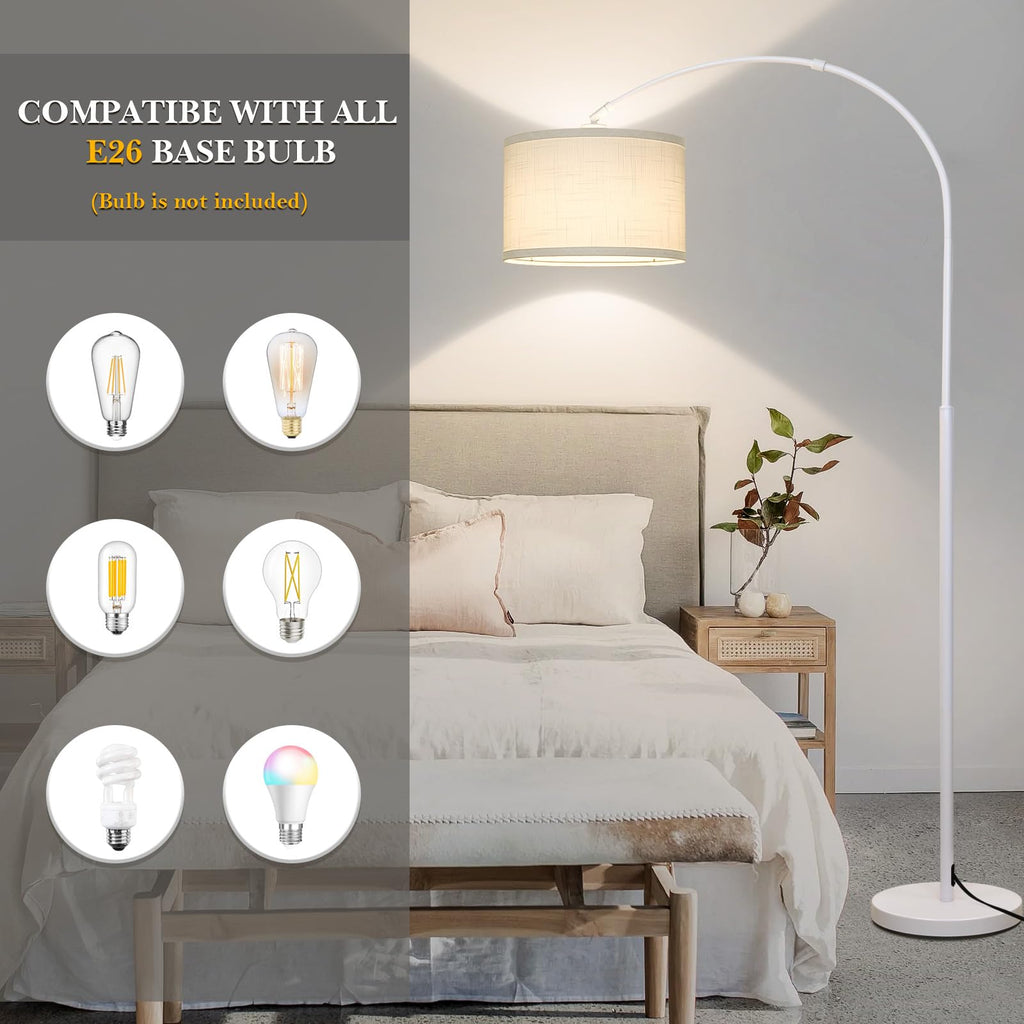 Rattan Floor Lamp, Arc Floor Lamps for Living Room, Farmhouse Standing Lamp with Adjustable Hanging Fabric Shade, Tall Pole Lamp with Foot Switch, Over Couch Arched Reading Light for Bedroom, Office