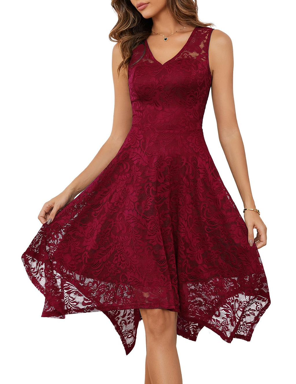 Meetjen Women's Cocktail Party Dresses 2026 Handkerchief Hem Lace Formal Wedding Guest Bridesmaid Fancy Prom Dress