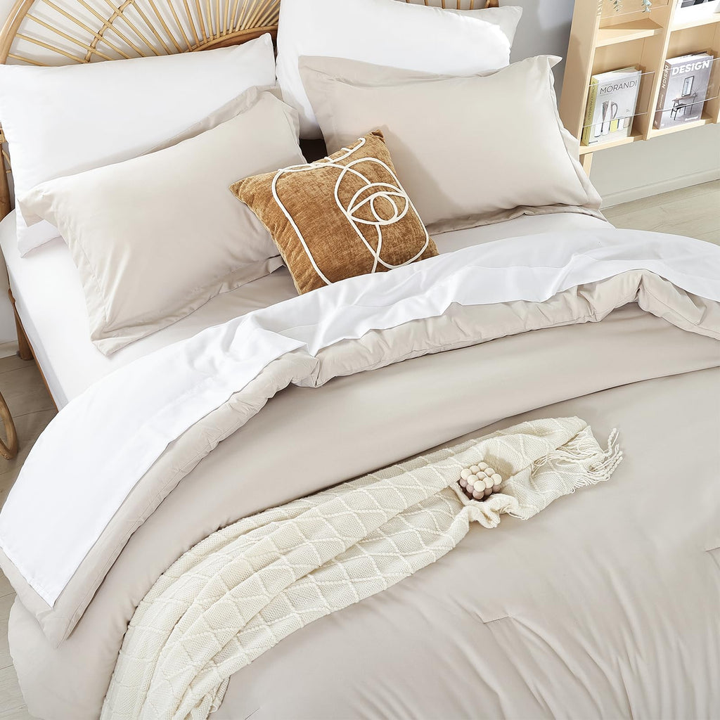 Beige Twin Comforter Set with Sheets - 5 Pieces Bed in a Bag Twin