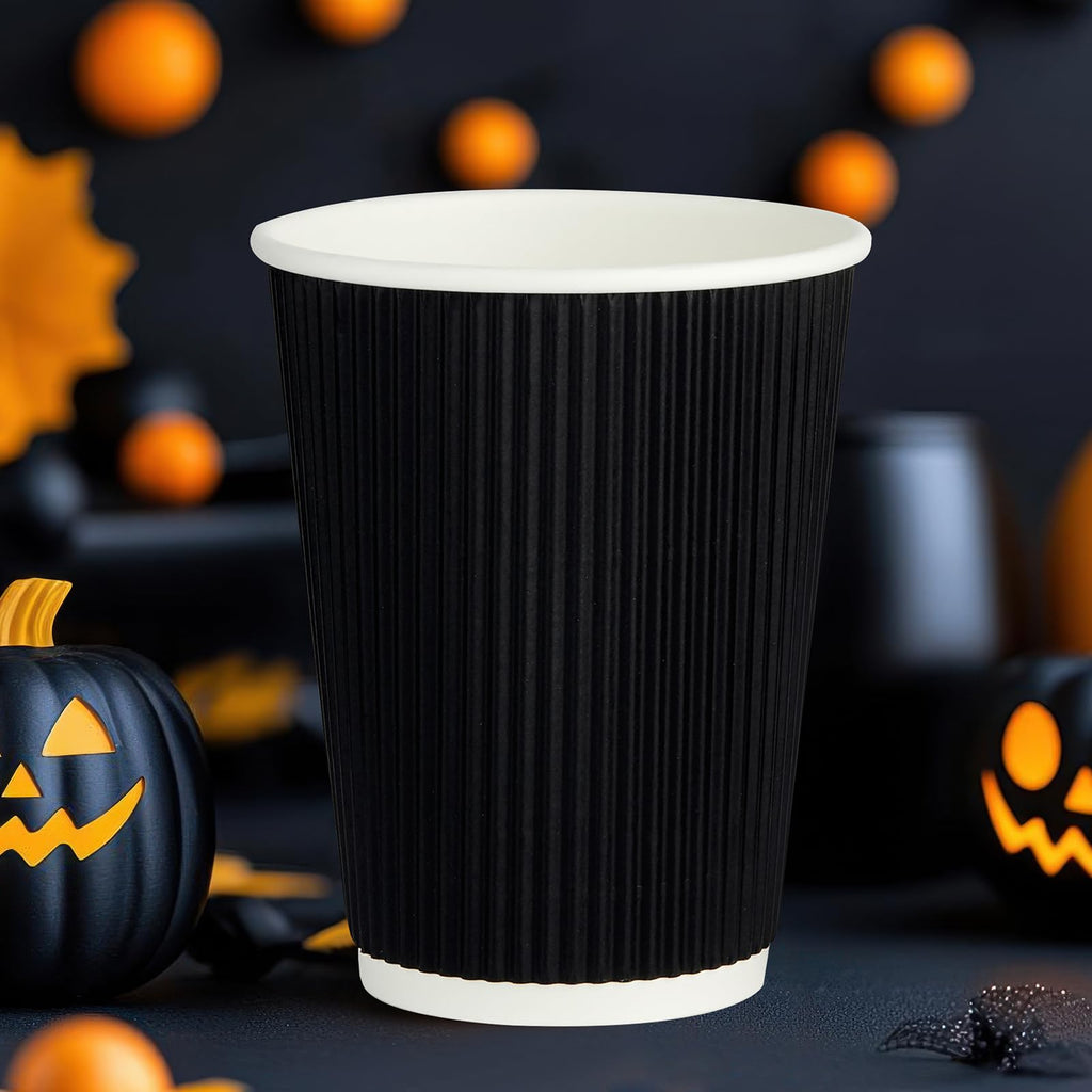 JollyPack 60 Pack 12 oz Paper Coffee Cups, Black Disposable Beverage Cups with Insulated Ripple Wall for Coffee, Tea, and Hot Chocolate