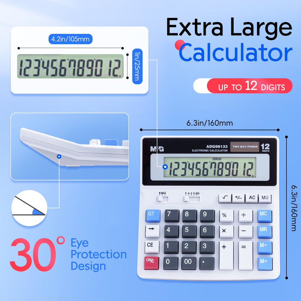 M&G Desk Calculator 12 Digit Extra Large LCD Display, Dual Solar Power and Battery, Accounting Calculator with Big Button, Battery Include, Perfect for Office Business Home Daily Use