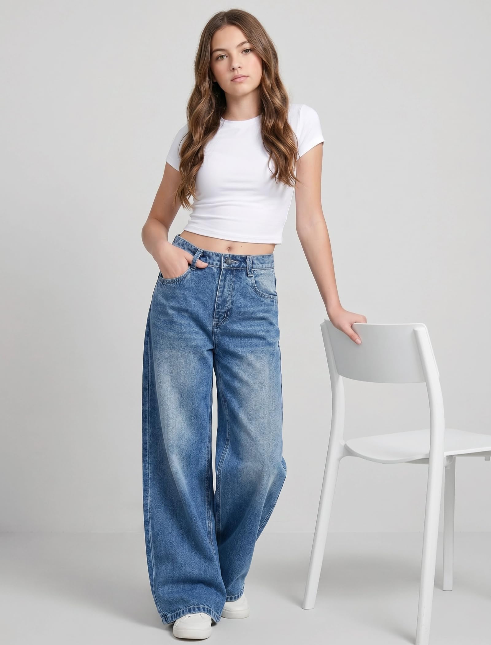 EXARUS Girls Jeans Baggy Wide Leg Cute Teen Tween Long Denim Pants Clothes Tall Junior Elastic Band Pockets